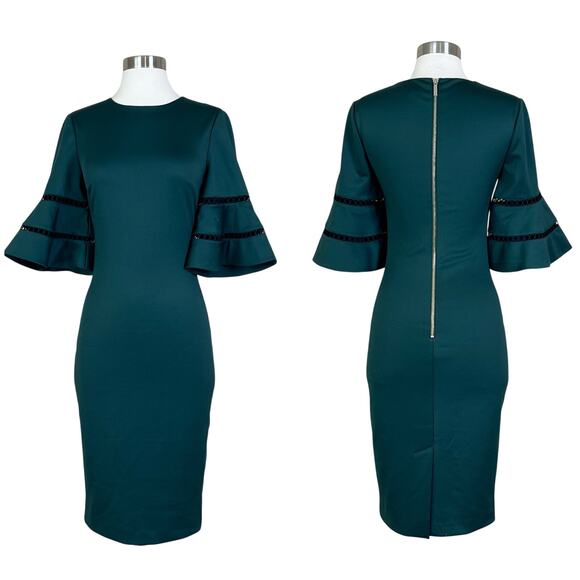 Ted Baker | Filnio Forest Green Bell Sleeve Fitted Sheath Cocktail Work Dress 2 - Picture 1 of 11